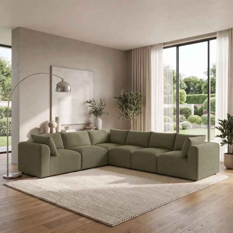 Driftwood Upholstered Boucle Fabric Modular Corner Sofa - Cozy Modern Design, Green, 5 Seat L-Shaped