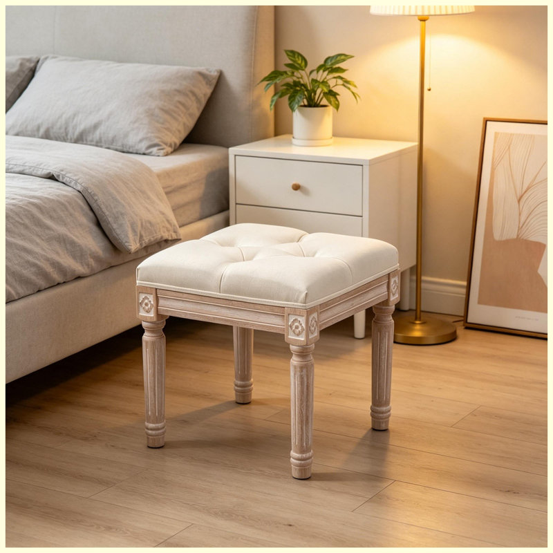 Élégant tabouret d'appoint capitonné, tabouret de meuble-lavabo rembourré avec pieds sculptés