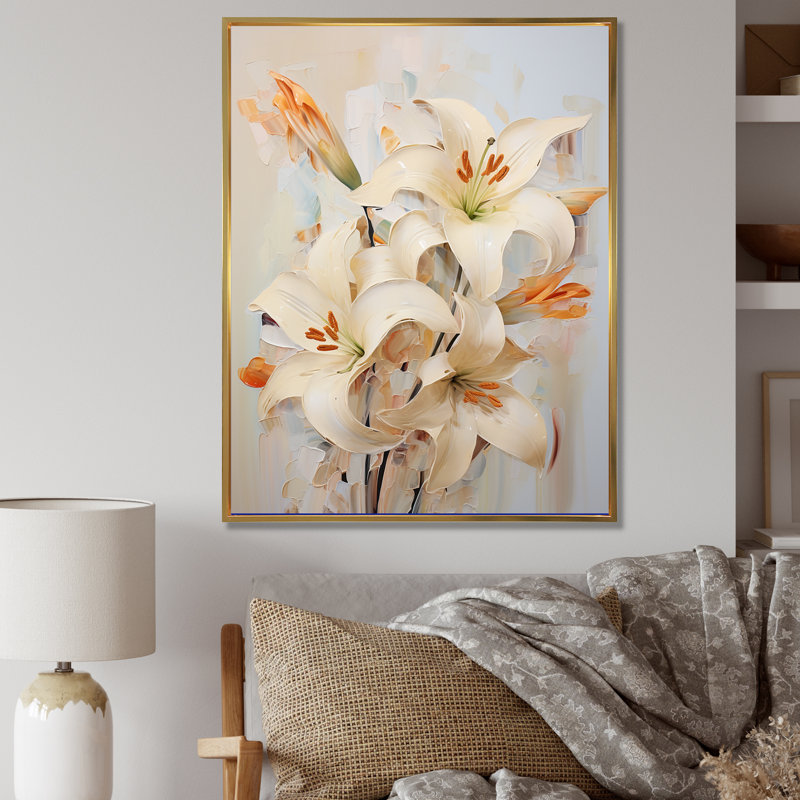 «Beige lys en fleurs» sur toile, Cadre flottant doré, H 32 po x l 24 po x P 1 po