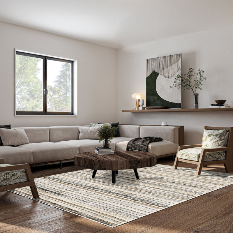 Modern Minimalist Striped Area Rug in Brown/Cream/Gray for Living Room, Hallway, Entryway Rugs, Rectangle 4'11" x 8'