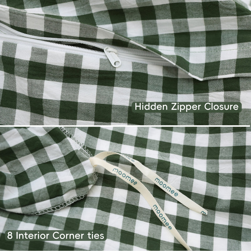 MooMee Gingham Duvet Cover Set 100% Washed Cotton Linen Like Lightweight, Forest Green