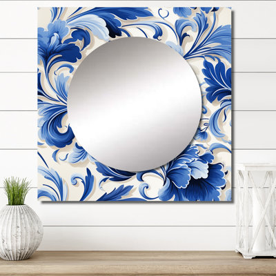 Motif victorien majestueux à volutes de cobalt - Miroir floral carré pour décoration murale
