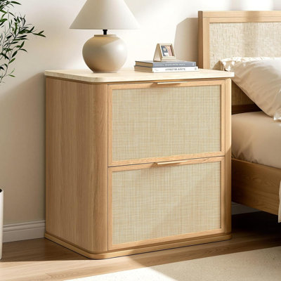 Boho 2-Drawer Nightstand with Rattan-Look Front, Faux Travertine Top & Rounded Corners – Single or Set of 2