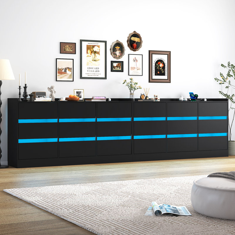 9 Drawer 63" W Dresser With LED Light, Sockets, USB Port, Type-C Port And Beveled Edge Pulls, Black