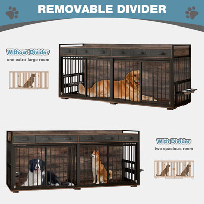86,6 po, grand meuble de caisse pour chien, table de télévision en bois à double cadre à l'épreuve des mâchoires avec bols et tiroirs rotatifs pour 2 chiens à l'intérieur, brun rustique