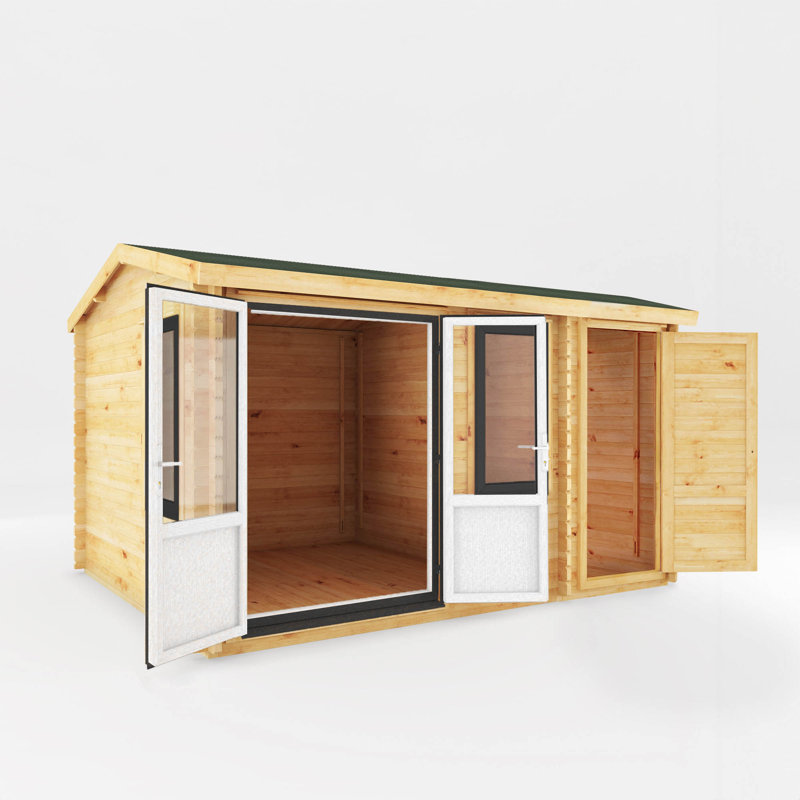 13ft x 10ft Home Office Elite Log Cabin With Side Shed UPVC Windows & Doors (44mm), Grey/Natural Timber