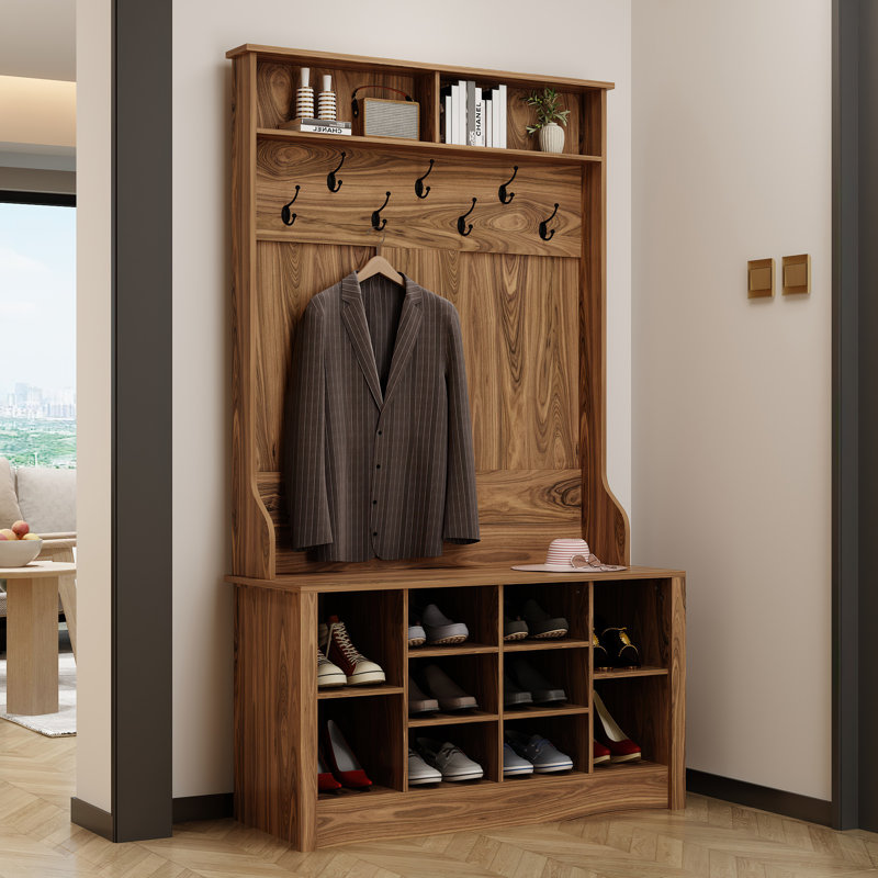 Modern Hall Tree With Storage Bench, 39.4" W X 15.7" D X 68.5" H, Wood Finish With 10 Shoe Compartments And 7 Hooks, Walnut