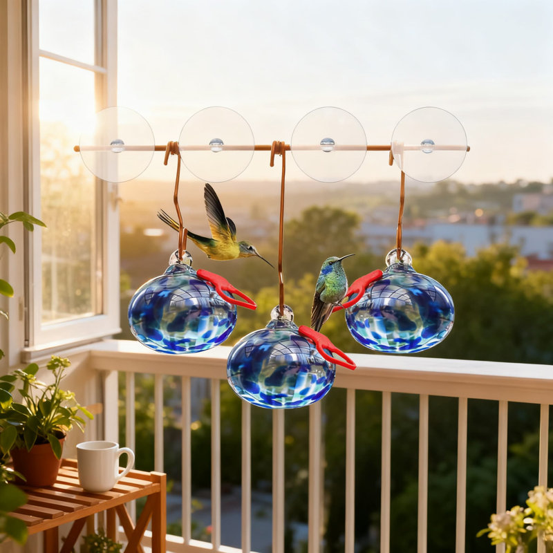 Mangeoire à colibri pour fenêtre avec ventouses, mangeoire en verre soufflé à la main pour observer les oiseaux de près, jardin extérieur et jardin avec crochet en métal durable