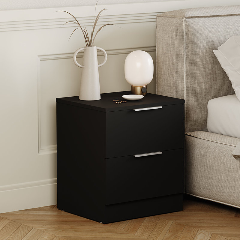 Tanishi 2 Drawer Bedside Chest Modern Bedroom Nightstand, Black