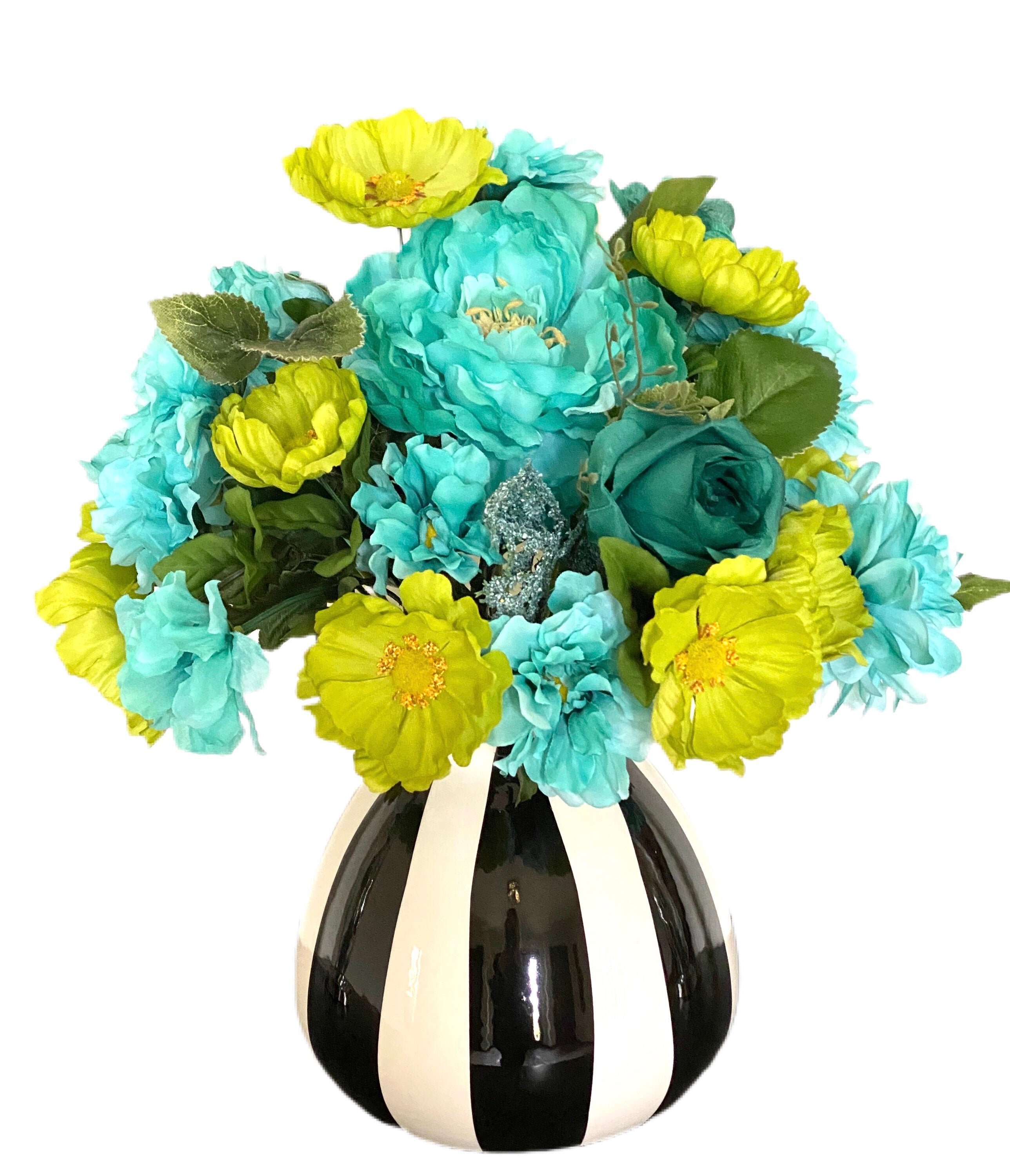 Green & White Artificial Floral Arrangement in Black Vase