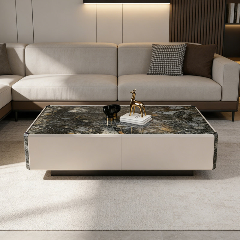 Table basse rectangulaire en ardoise à 4 tiroirs, H 16,53 po x L 51,18 po x l 31,49 po, Gris, Gris