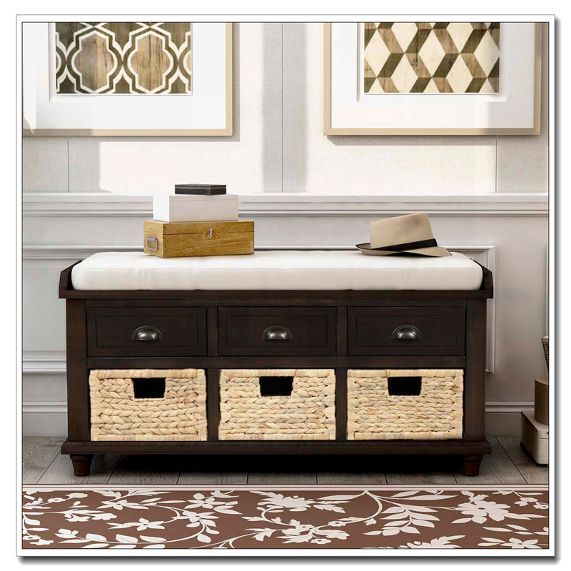 Banc de rangement rustique avec 3 tiroirs et 3 paniers en rotin, Espresso