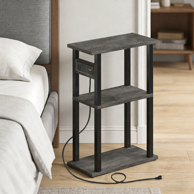 Small Narrow Nightstand With Charging Station & Wheels, Skinny End Table, Sofa Beside Table Set Of 2, Black/Charcoal Gray