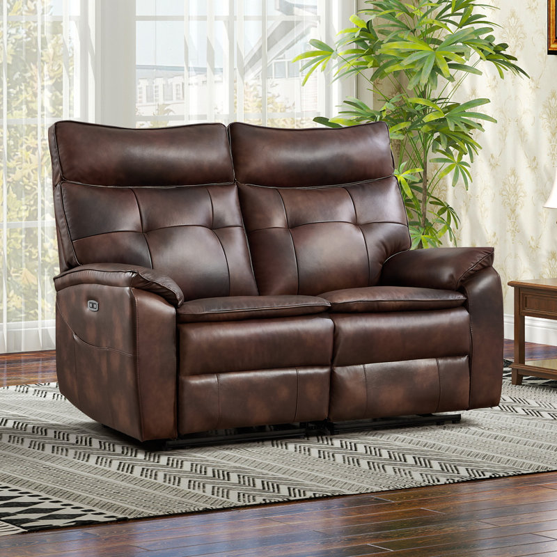 Canapé double inclinable électrique en cuir pleine fleur classique de 156 cm de large, avec port USB et poche de rangement latérale