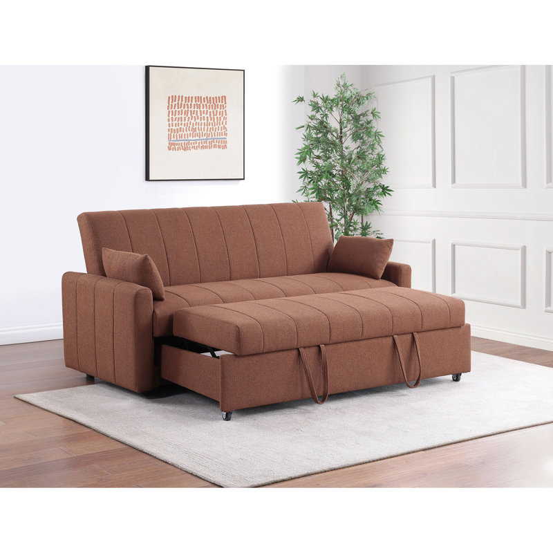 Canapé-lit en tissu bouclé en cuivre avec mousse et profil compact, capitonnage vertical rembourré, assise confortable pour le salon principal