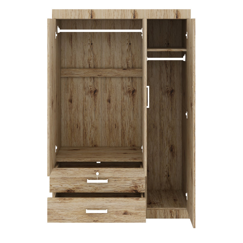 Armoire fonctionnelle à trois portes avec tiroirs de rangement et deux tringles de suspension, Chêne