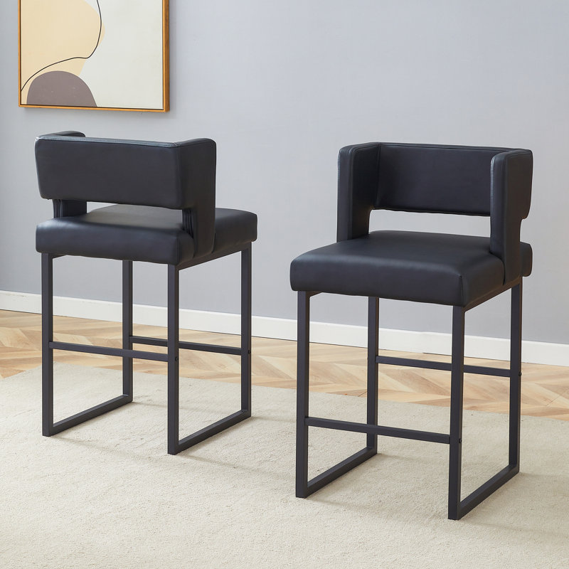 Upholstered Counter Stool with Metal Frame (Set of 2), Black, Black