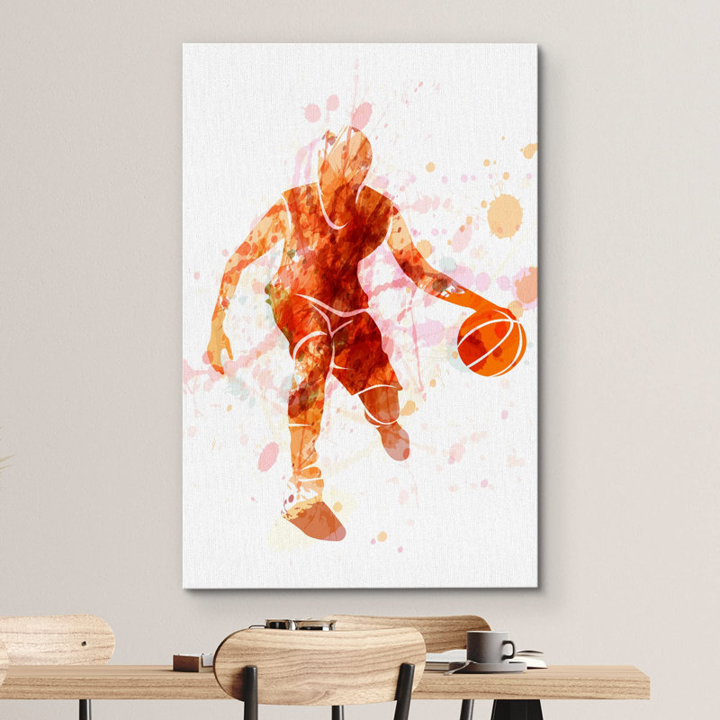 Rouge, aquarelle, explosion, basketball, joueur, sports, art, moderne, rustique, exercice urbain, H 48 po x l 32 po