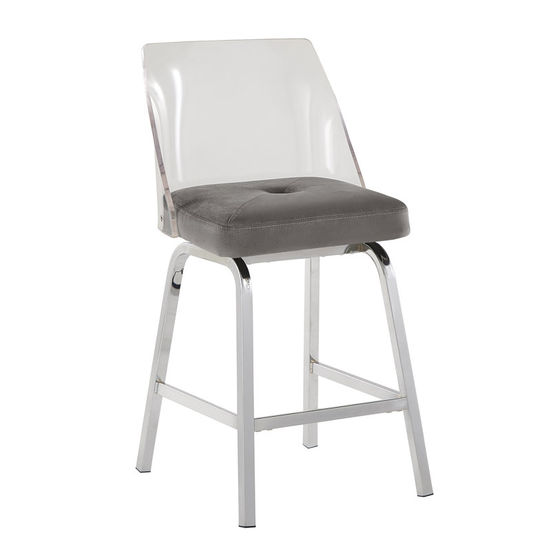 Milica Swivel Upholstered Counter Stool with Metal Frame, Counter Stool (24" Seat Height), Blue Steel , Chrome Metal