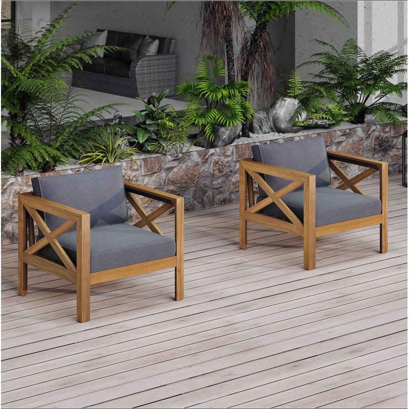 Fauteuil club d'extérieur en bois d'acacia avec coussins (ensemble de 2), ensemble de conversation, Gris foncé