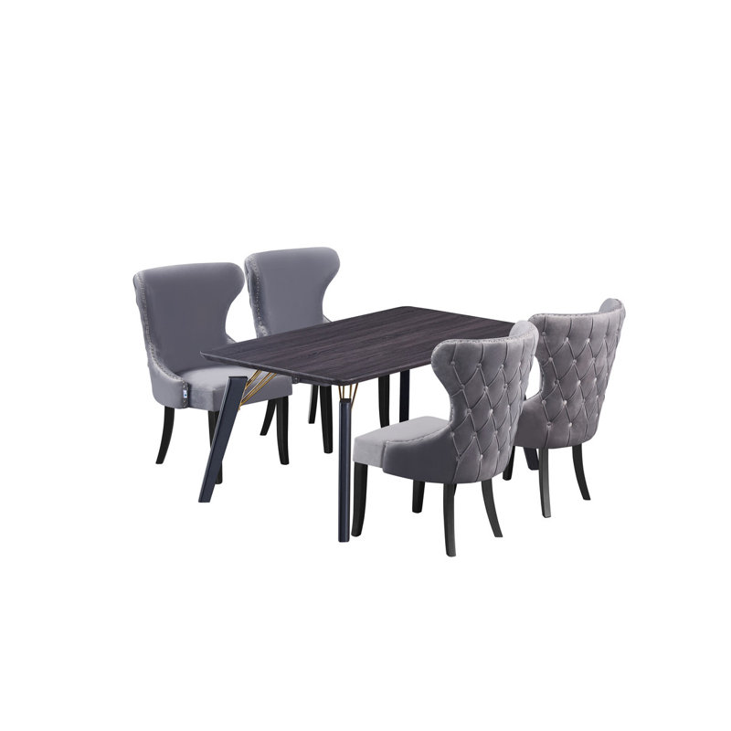 Bootle 4 Person Dining set - a Rectangular Wooden Dining Table with Metal Legs and a Set of 4 Quilted Velvet Dining Chairs for Dining Room - Modern Dining Table Set