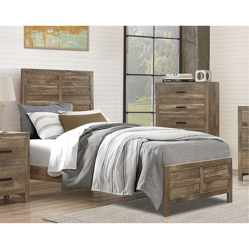 Weathered Pine Finish Rustic Style Twin Bed Frame, Includes Headboard, And Rails, Bedroom Furniture Option, Box Spring Needed, Fast Setup Modern Line Pattern Finish, Rails Included, Furniture,