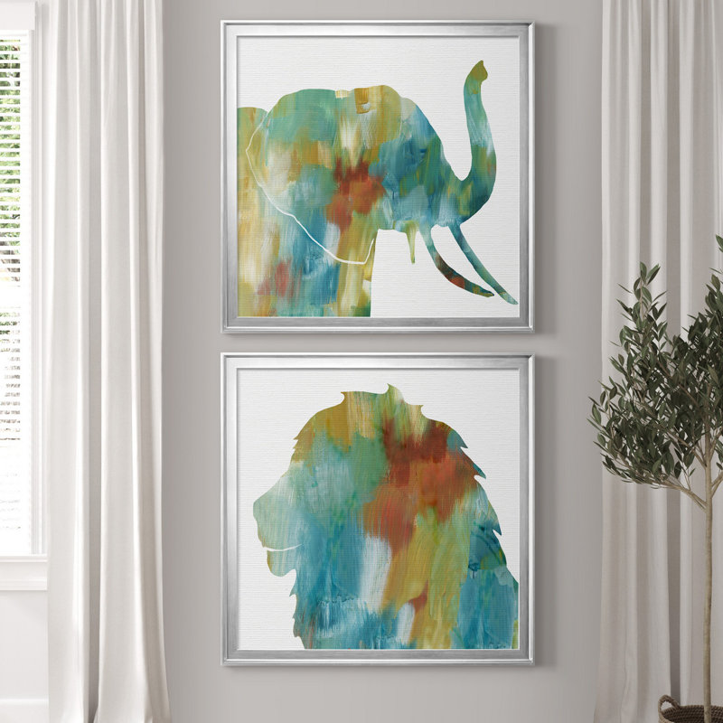 «Painterly Elephant», ensemble de 2 reproductions d'art encadrées, H 22,5 po x l 45 po x P 1,5 po, Toile encadrée argentée