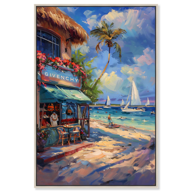 Art Remedy, toile de bord de mer moderne, magasinage à la plage, H 24 po x l 36 po, Cadre argenté