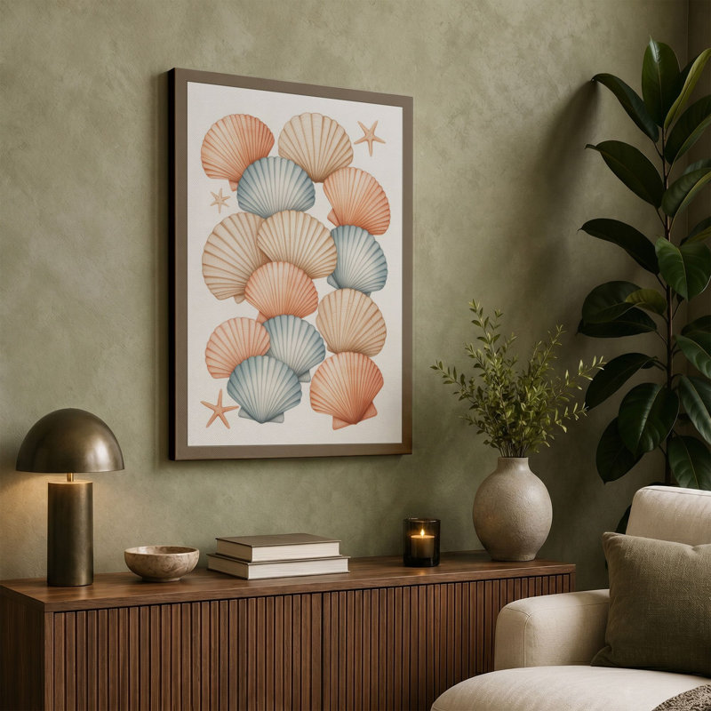 Seashells and Starfish Coastal - Wrapped Canvas, 36x24 - 91.4 x 61.0 cm, Teal Border