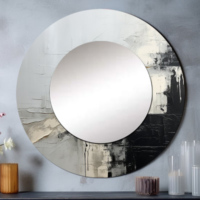 Gris et coin de peinture noire - miroir abstrait, miroir mural rond gris, impression d'art en métal