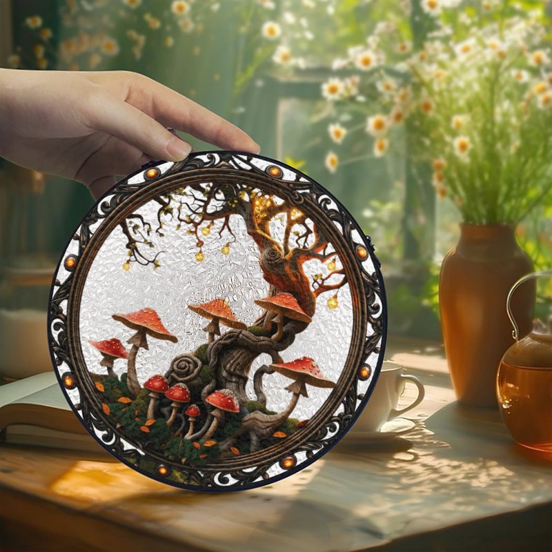 Arbre lumineux et champignon dans un cadre vitrail Suncatcher pour décoration de fenêtre, 9,8 x 9,8 po (25 x 25 cm)