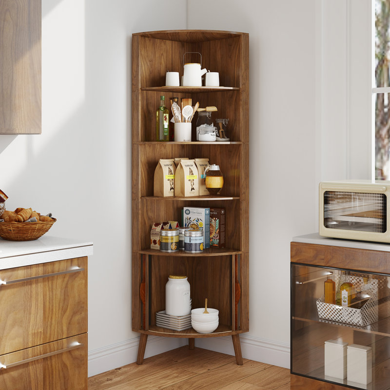 Grande armoire d'angle de 66,73 po avec 2 portes cannelées et tablettes, Noyer