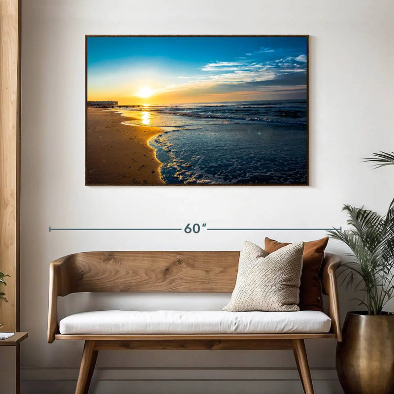 Lever de soleil à Ocean City, 46 po x 31 po, Cadre flottant en noyer