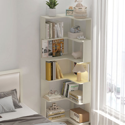Bibliothèque de coin en forme de L à 6 niveaux pour salon, chambre à coucher, bibliothèque en bois avec dispositif anti-chute et dispositif anti-basculement, tablette de présentation