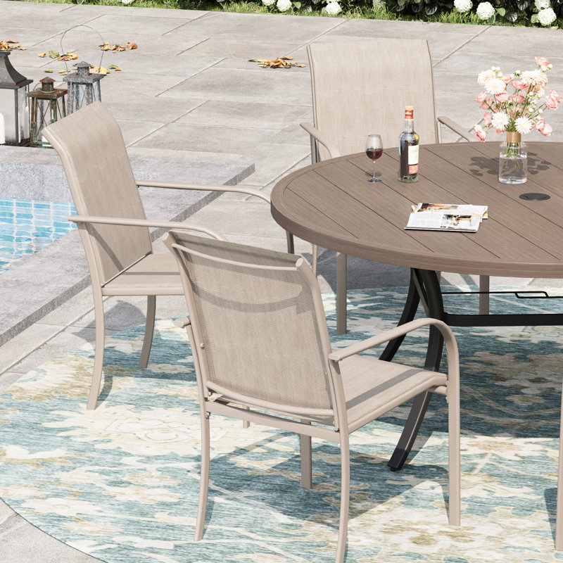 6-Person Round Patio Dining Set With Stackable PVC-coated polyester Chairs, Sandshell/Brush Wood Gray