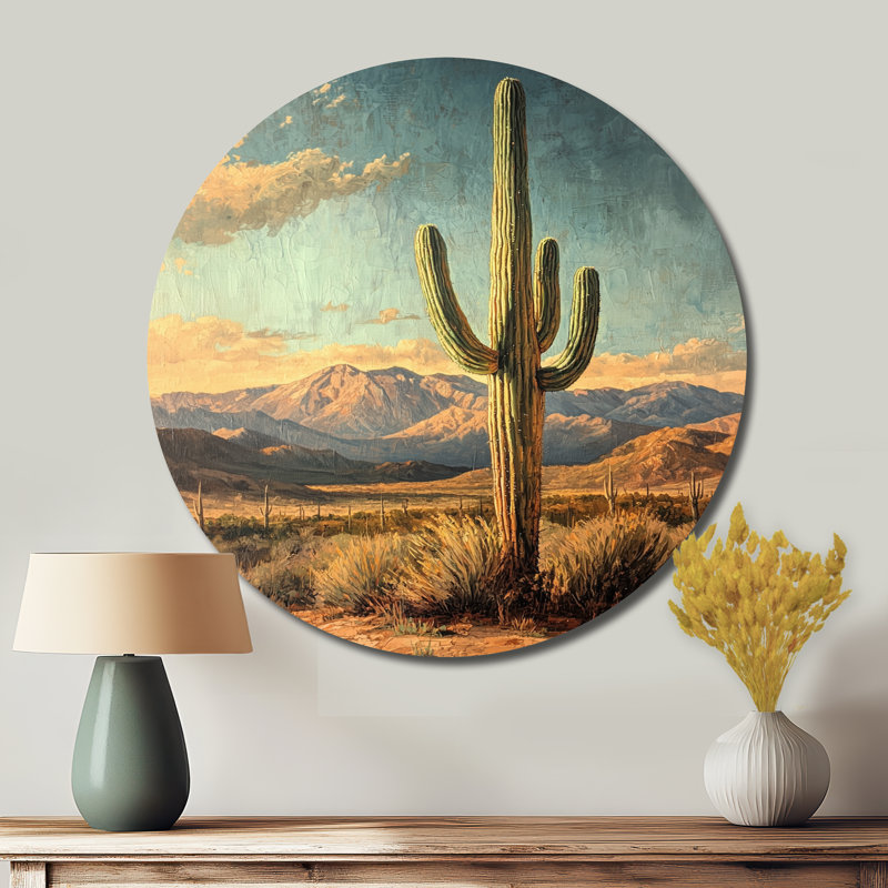 Cactus et les Collines du Désert I - Décoration murale traditionnelle en métal vert, H 36 po x l 36 po