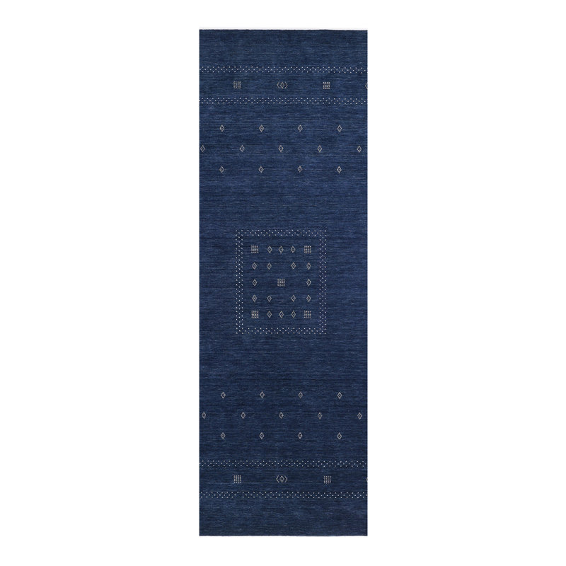 Simi Hand Knotted Cotton/Wool Southwestern Area Rug, Dark Navy, Runner 2'6" x 8'