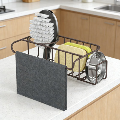 Organisateur d'évier de cuisine 4-en-1 en acier inoxydable - Porte-éponge, support à vaisselle, porte-savon et support de bouchon d'évier, installation sans perceuse, conception antirouille et imperméable - bronze