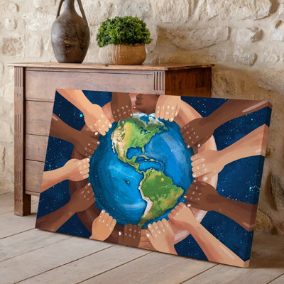 Canvas A Vibrant Illustration Featuring A Diverse Array Of Hands Of Wall Art Various Skin Tones Interlocking Around A Stylized Globe Canvas Wall Art