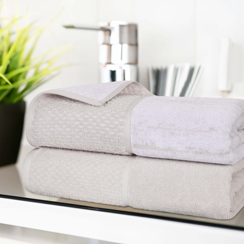 Superior Lodie Cotton Plush Soft Absorbent Jacquard Solid and Two-Toned Bath Sheet, Stone/White