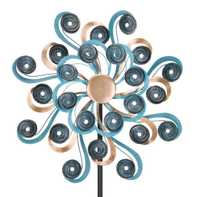 Metal Outdoor Garden Wind Spinner with Powder Coated Finish and Five Prong Ground Stake