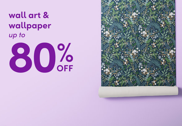 Wall art and wallpaper up to 80% off, featuring a roll of navy blue wallpaper with a botanical and peacock pattern on a light purple background.