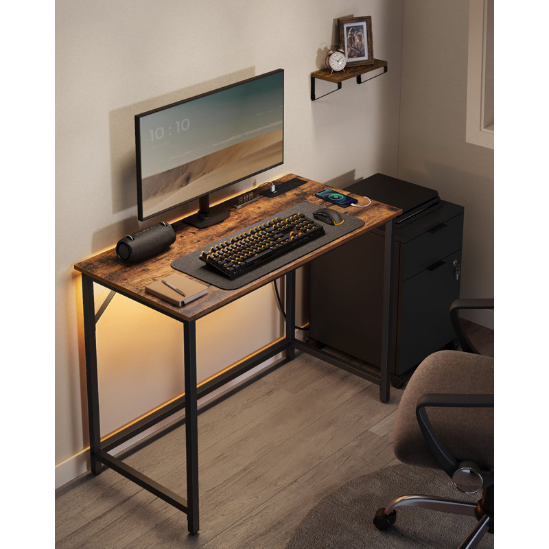 Ahuva Steel Computer Desk with Built-In Electrical Outlet, Brown