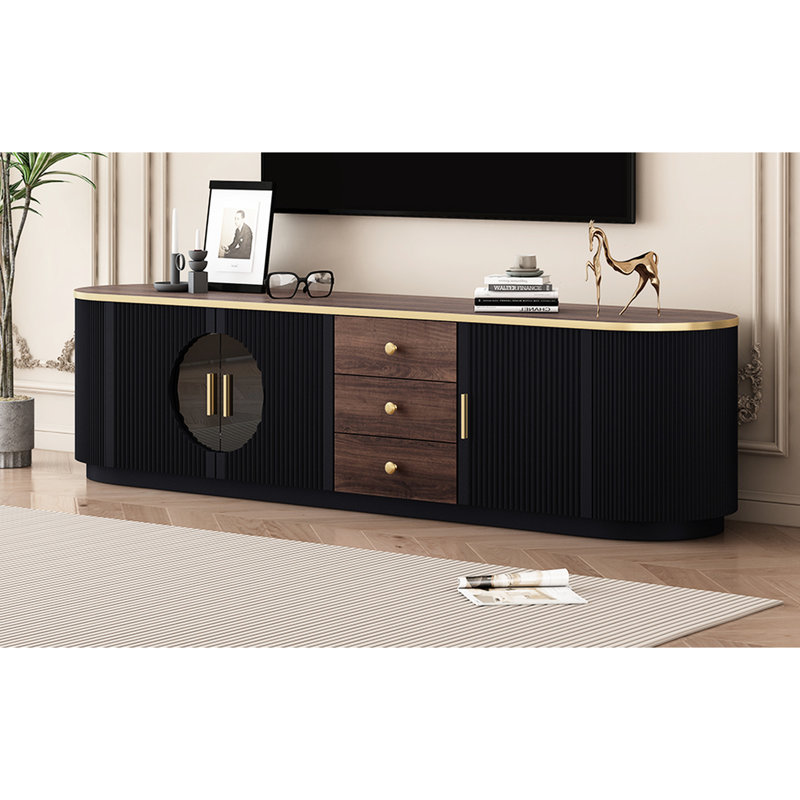 Tv Stand For 80-Inch Tvs, 3 Drawers & 2 Cabinets, Modern Elegance With Wood Grain, Metal Handles, Black Finish 70.8'' Drawers, Grain Veneer, Color Scheme