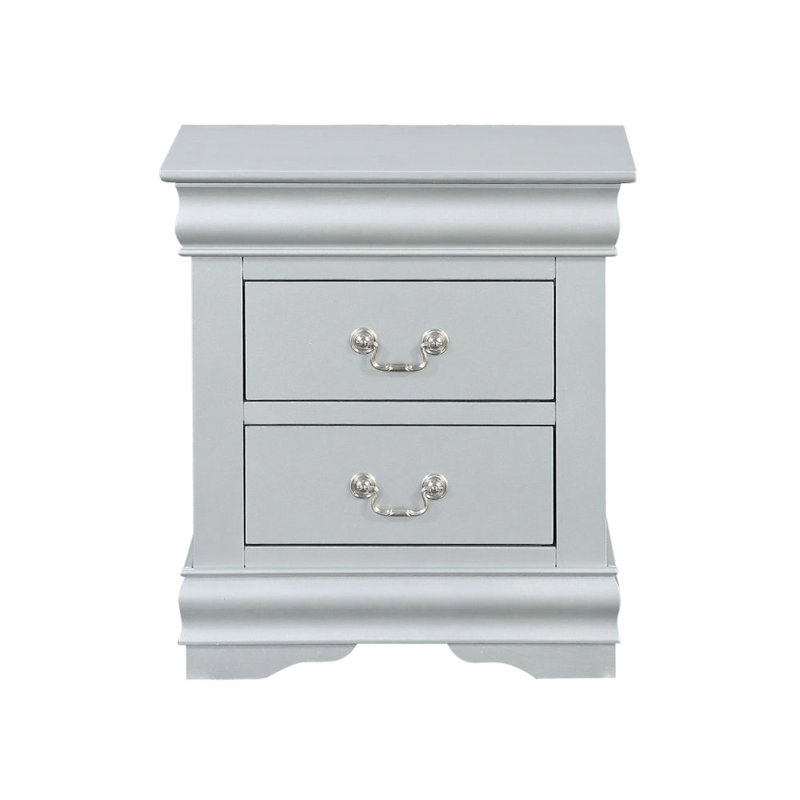 Table de chevet 2 tiroirs pour chambre à coucher avec finition et quincaillerie en métal - pin, panneau de particules +, bois gris argenté avec tiroirs, planche de platine, couleur