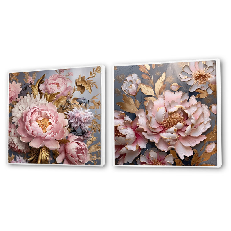 Pivoines roses rétro - feuilles dorées - ensemble de 2 collages carrés coquelicots, Cadre flottant blanc, H 16 po x l 33 po