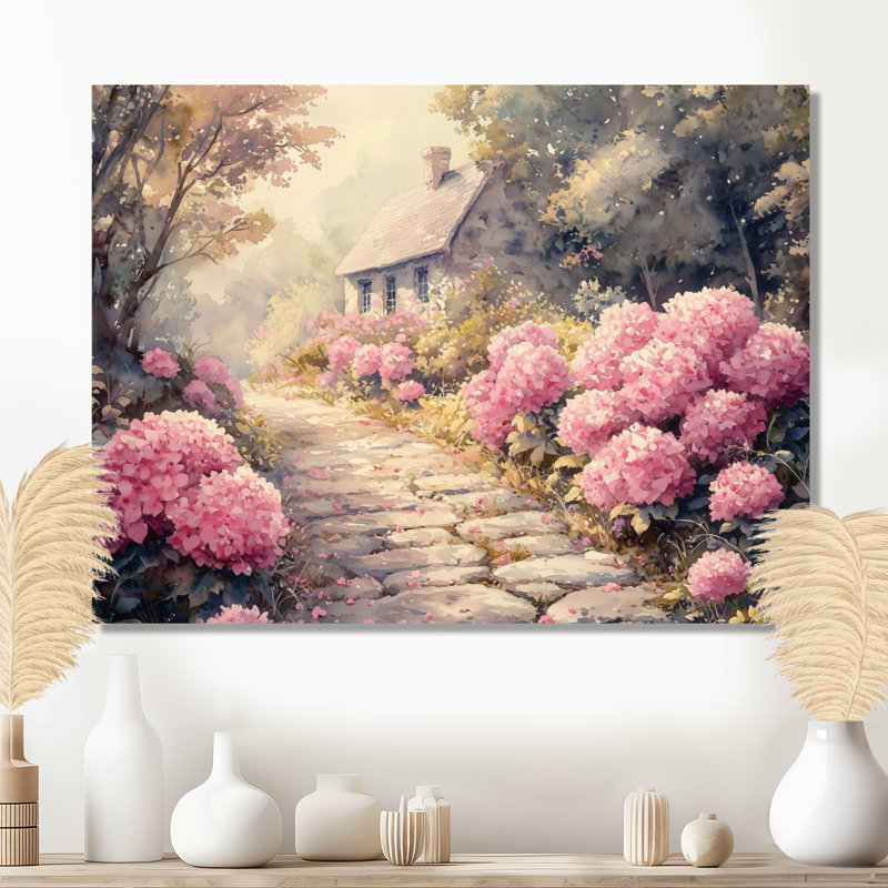 Hortensias par le chemin de pierre IV - hydrangées, art mural, H 30 po x l 40 po, Toile tendue, Ne s’applique pas