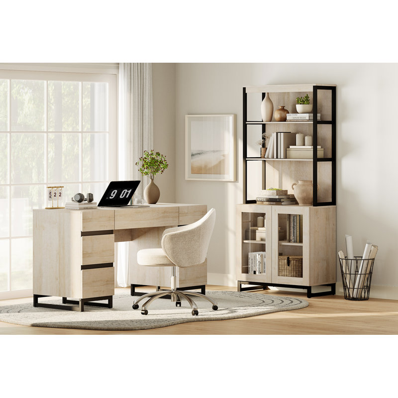 WAMPAT Home Office Set: 59" Modern Desk With Charging Station And Storage Cabinet, 72" Tall Bookcases With Adjustable Shelves, Wood Computer Desk And Library Storage Cabinet For Work Study