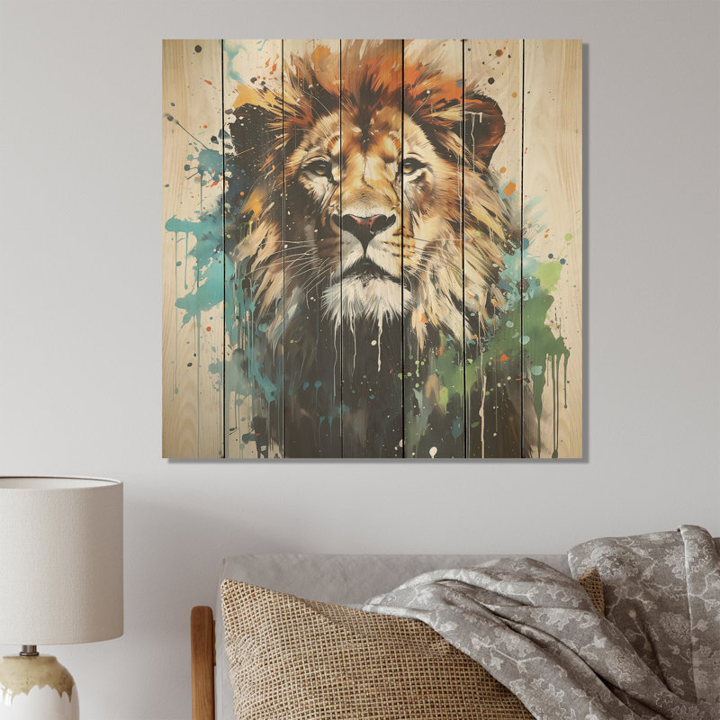 Brown And Green Monarch Portrait - Lion Animal On Wood Print, 36" H x 36" W