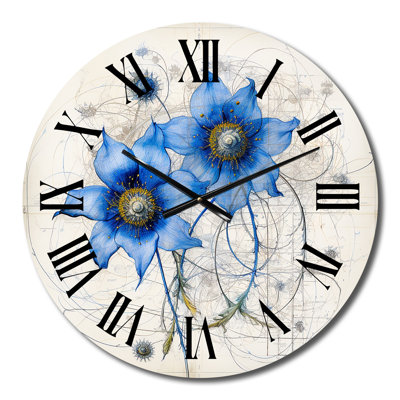 Vintage Illustration of Blue Daisy Flower I - Daisy Wall Clock